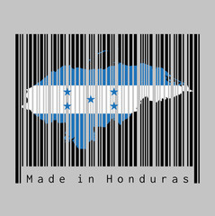 Barcode set the shape to Honduras map outline and the color of Honduras flag on black barcode with grey background.