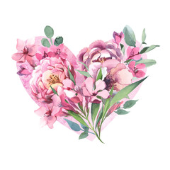 Watercolor bouquet of peony flowers in heart shape isolate in white background for wedding, invitation, valentine cards and prints