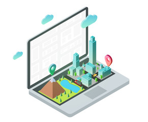 Fototapeta premium 3d isometric laptop with smart city map. Design concept for mobile gps or tracking navigation application. Vector infographic template.