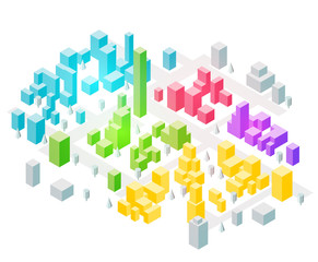 Abstract 3d isometric city map with clean white and colorful buildings silhouettes. Modern minimalistic concept for infographics, mobile gps or tracking navigation application. Vector illustration.