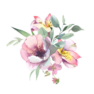 Watercolor  Bouquet of peony and blosom flowers isolate in white background for wedding, invitation, valentine cards and prints