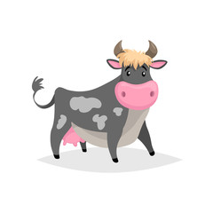 Cartoon black spotted cow. Farm funny animal isolated on white background. Flat trendy style. Vector illustration.