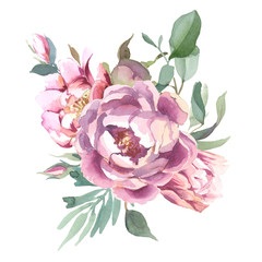Watercolor  Bouquet of peony and blosom flowers isolate in white background for wedding, invitation, valentine cards and prints