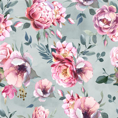 Watercolor seamless pattern of peony and blosom flowers on gray splash background for wedding, invitation, valentine cards and prints