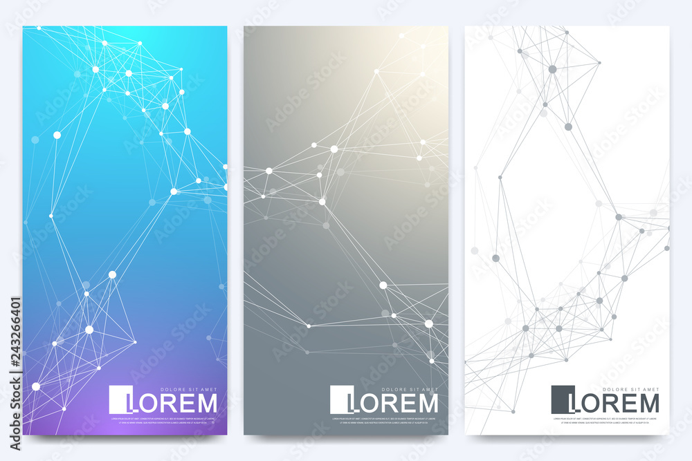 Poster Modern set of vector flyers. Geometric abstract presentation with golden mandala. Molecule and communication background for medicine, science, technology, chemistry