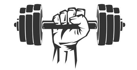 Vector hand drawn silhouette of strong hand lifting up steel dumbbell isolated on white background. Template for sport icon, symbol, logo or other branding. Modern retro illustration.