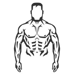 Fototapeta na wymiar Vector hand drawn silhouette of bodybuilder isolated on white background. Template for sport icon, symbol, logo or other branding. Modern retro illustration.