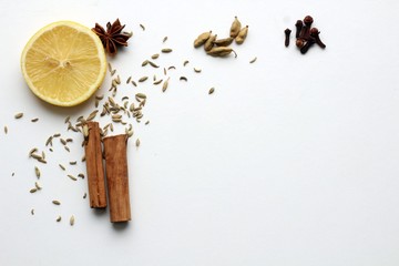 Textured ripe slice of citrus sour lemon, along with fragrant Indian spices of cardamom, cloves, fennel and sticks of cinnamon on a white background.