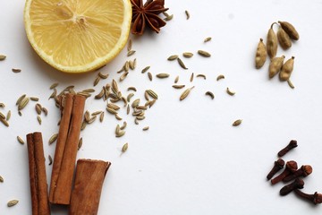 Textured ripe slice of citrus sour lemon, along with fragrant Indian spices of cardamom, cloves, fennel and sticks of cinnamon on a white background.