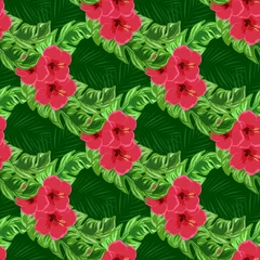 Foto op Plexiglas Exotic seamless pattern with tropical flowers and leaves. Banana leaves and hibiscus flower. Floral background with exotic leaves and flowers. © Natallia