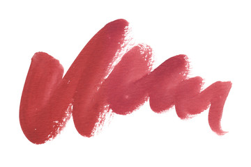 Bright red smear painted in watercolor on clean white background