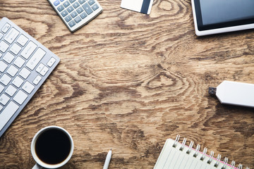 Business objects on wooden desk. Business concept