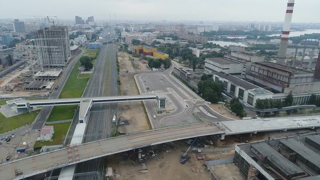 Construction of the overpass through the Moscow Central Ring. Aerial video shooting.