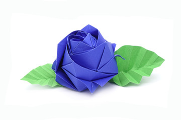 Rose : Origami blue rose with green leaves for Valentine's day. DIY (Do It Yourself) Origami rose isolated on white background. Love concept.