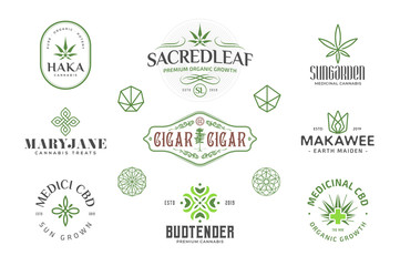 Fototapeta Set of  Modern vintage cannabis logo templates. Several leaf and sacred geometry illustrations and symbols. obraz