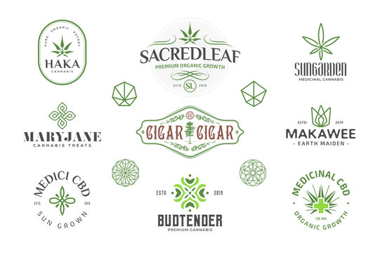 Set of  Modern vintage cannabis logo templates. Several leaf and sacred geometry illustrations and symbols.
