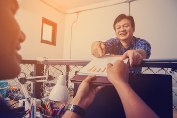 Brainstorm process business conversation card. Businessmen working with analytics data in office