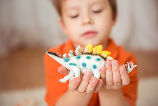 Cute Little Boy Holding A Dinosaur Toy. Selective Focus