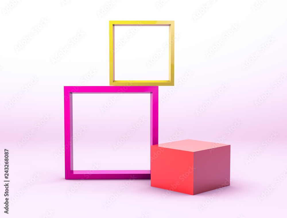 Poster Abstract 3d composition. Colorful empty picture frames backdrop for product display with geometric 3d elements.
