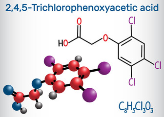 2,4,5-Trichlorophenoxyacetic acid (2,4,5-T) molecule. Structural chemical formula and molecule model.