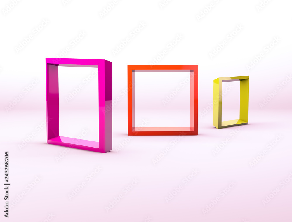 Poster Abstract 3d composition. Colorful empty picture frames backdrop for product display with geometric 3d elements.