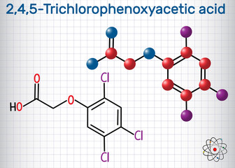 2,4,5-Trichlorophenoxyacetic acid (2,4,5-T) molecule. Sheet of paper in a cage. Structural chemical formula and molecule model