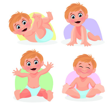 Set of cute baby  in diaper in different poses.