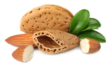 almond with green leaves isolated on white background