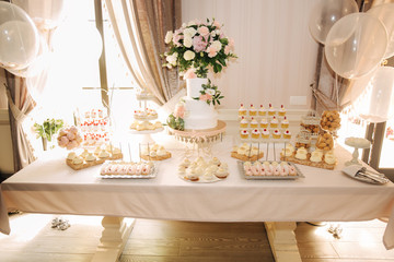 Delicious and very beautiful food at the wedding reception on the tablers