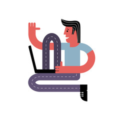 A man is sitting with a laptop. Online training. A man works on a computer. Vector illustration in flat style.