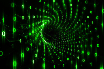 Artistic digital computer data travel through tunnel with computer green shiny coloured binary numbers on dark illustration background.