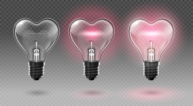 Three transparent heart-shaped bulbs. Two of them glow. Transparent background. Highly realistic illustration.