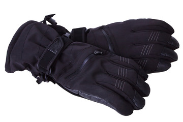 Black leather waterproof winter male gloves isolated on a white background, warm mittens alpine...