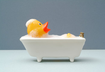 rubber duck taking a bath. grey baackground