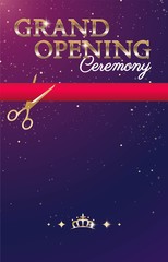 Grand opening sparkling banner with gold text and red ribbon. Elegant style. Vector Illustration