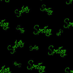 Spring green lettering word made of smoke isolated on black background. Seamless design pattern
