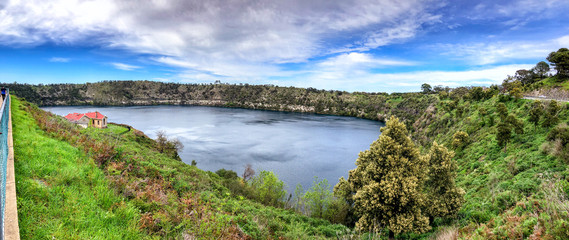 Aerial panoramic view of Blue Lake in Mt Gambier, South Australia