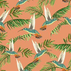 Fototapeta na wymiar seamless tropical pattern with hummingbirds and palm leaves
