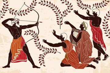 Mythological story of Homer. Odyssey kills the suitors of Penilope. An archer with weapons in his hands and men on their knees. Figure on a beige background with the aging effect.