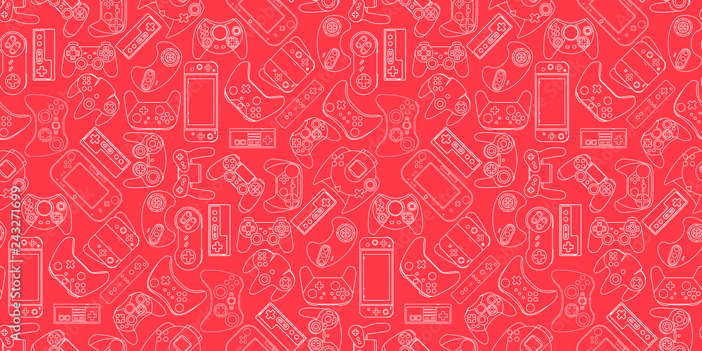 Wall mural video game controller background gadgets seamless pattern colored living coral - Wall murals