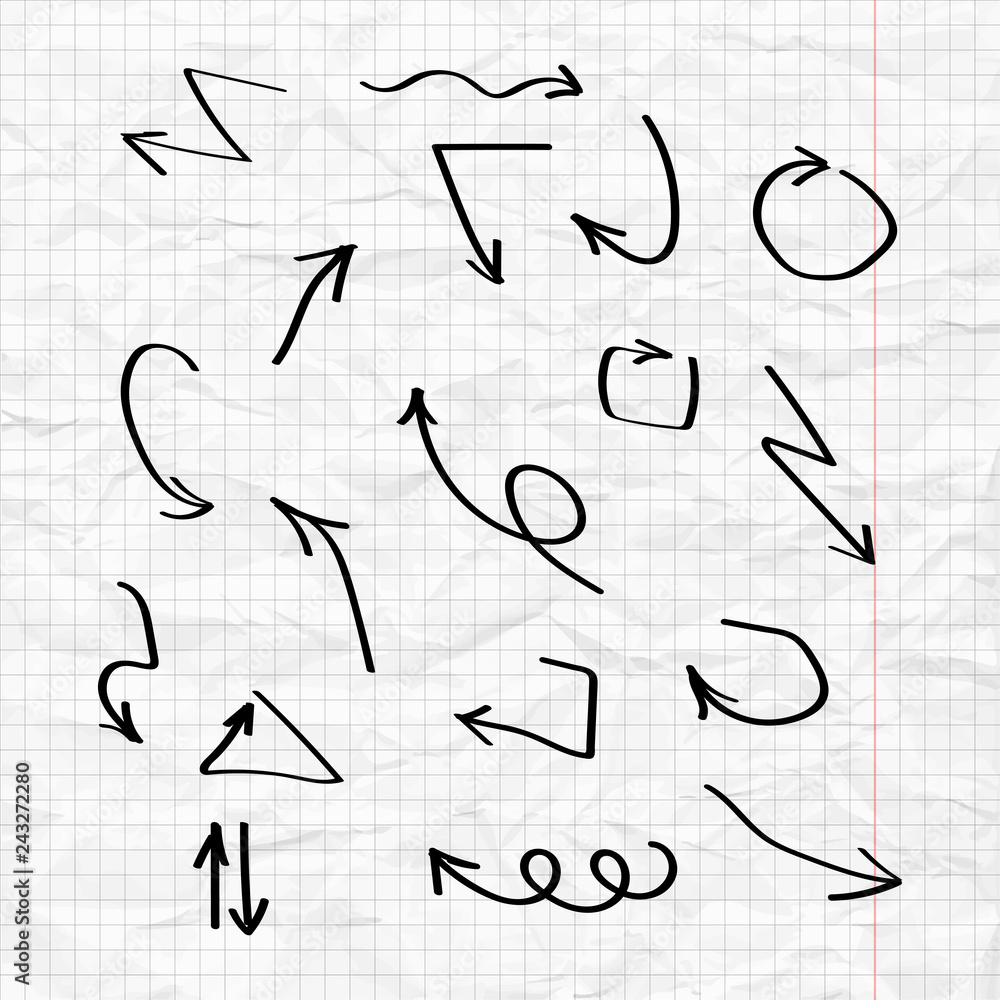 Wall mural black arrows are drawn on the background of a crumpled sheet of notebook