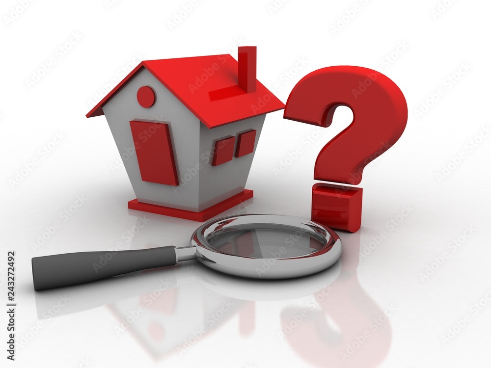 Poster 3d rendering house and question mark symbol search concept