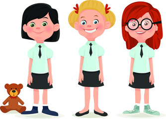 Vector character illustration. Three schoolboys with a soccer ball.