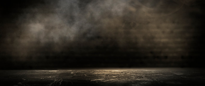 Background of an empty dark room, smoke and dust.