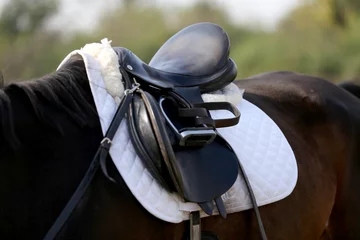 Crédence de cuisine en verre imprimé Léquitation Close up of a sport saddle on equestrian event
