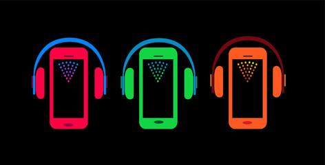 Mobile phone icons with headphone beats halftone, neon colors