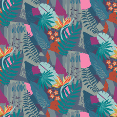 Beautiful seamless pattern with ropical jungle palm leaves and abstract texture
