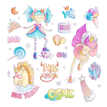 Brave tomboy princess vector cartoon set. Princess magic and feminism illustration, little teen girl with ball, princess superhero, brave girl illustration. Feminism princesses collection - unicorn