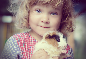 Cute white toddler girl in a rustic style dress holding a fluffy red guinea pig on her hands