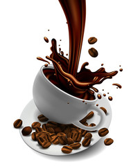 Fototapety  Cup of coffee, coffee beans and splash effect,  high detailed realistic illustration.